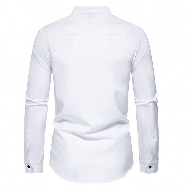 Men's fashionable shirt with asymmetrical button design and elegant stand-up collar WW