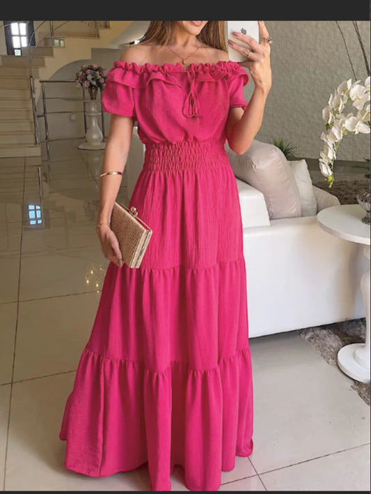 Women's Maxi Dress with Off-Shoulder Design and Ruffle Sleeves WW