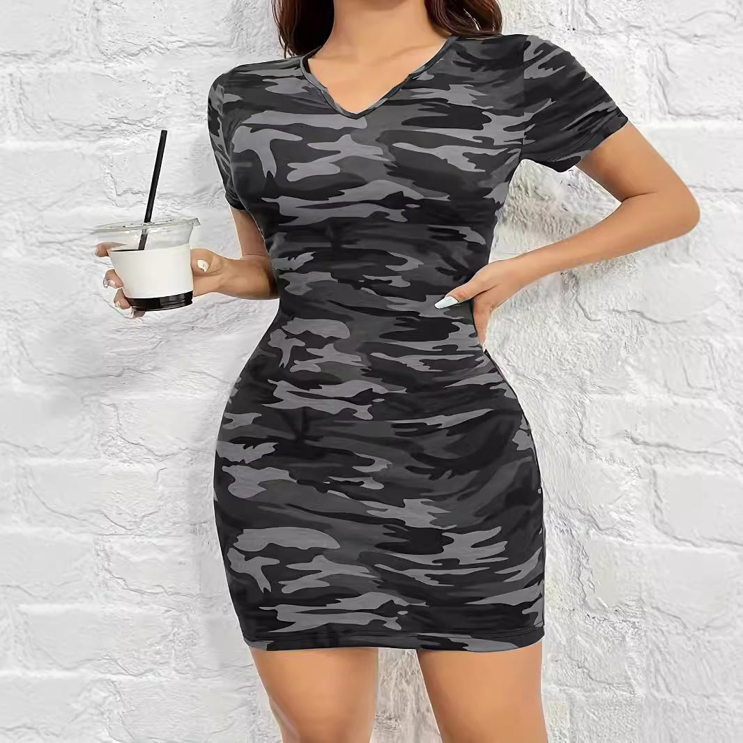 Damen figurbetontes camouflagemuster Kleid mit Kurzarm und V-Ausschnitt WW