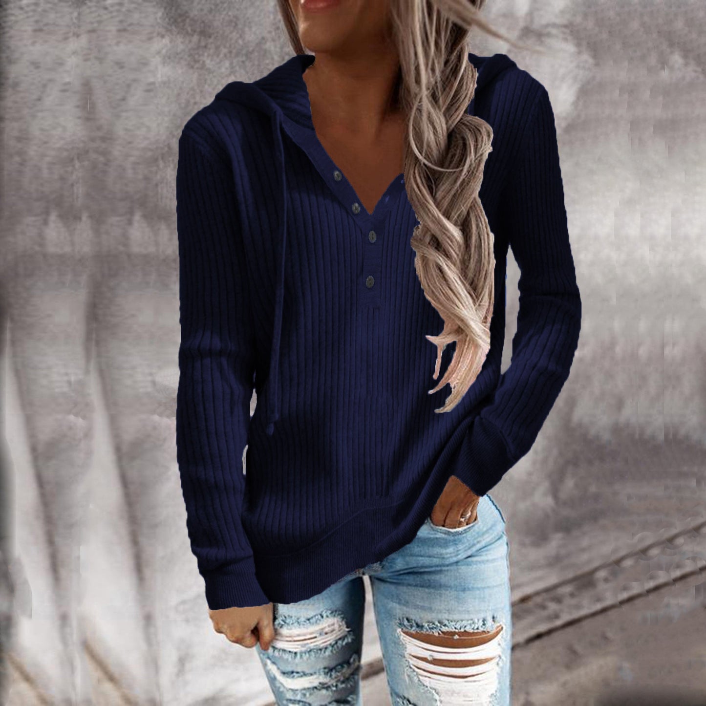 Damen Hoodie mit strukturiertem Rippmuster und knöpfbarem Ausschnitt WW