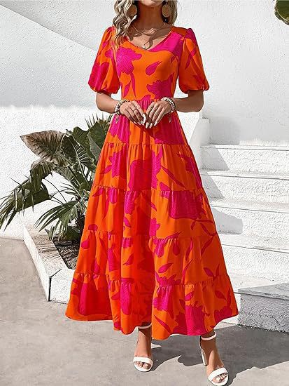 Women's Maxi Dress with Ruffle Design and Floral Pattern WW
