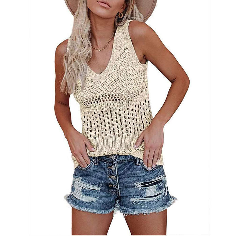 Damen luftiges Stricktop mit V-Ausschnitt und feinen Lochmustern WW