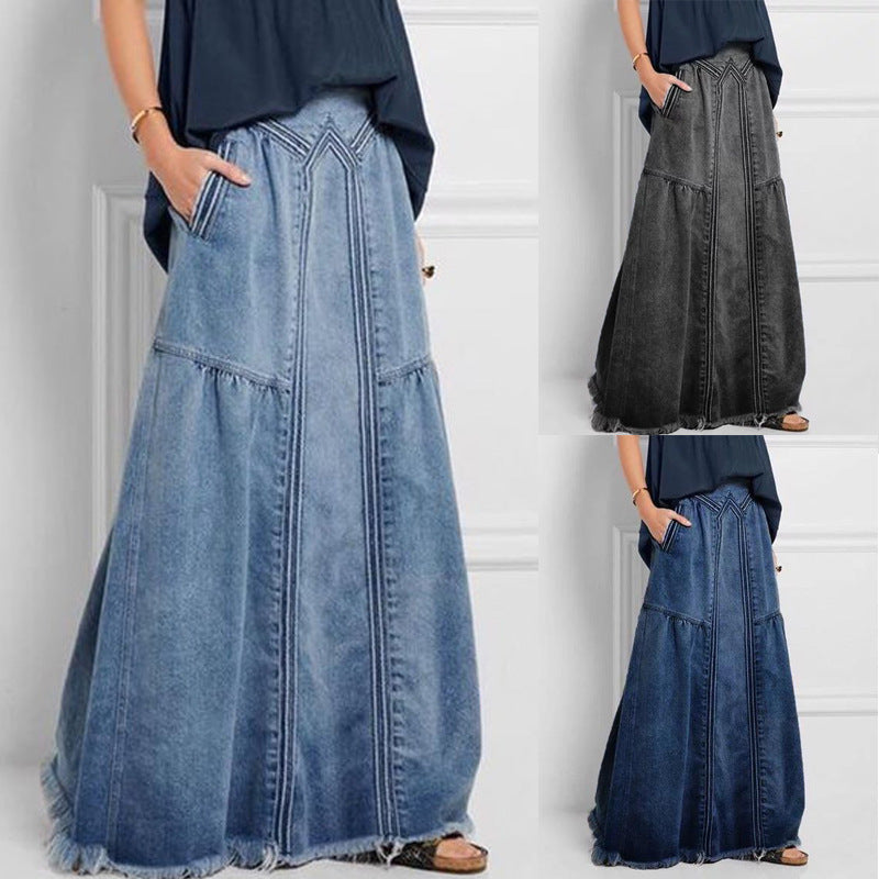 WW | Damenweite Schößchen Genähte Denim Maxirock