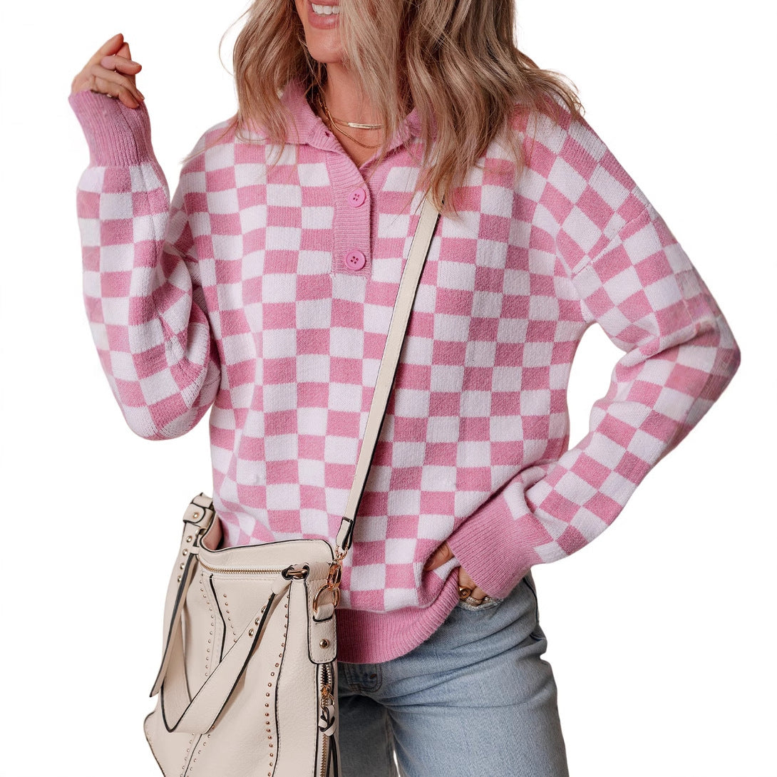 Damen gemütlicher Sweatpullover mit Karomuster und Knopfdetail WW