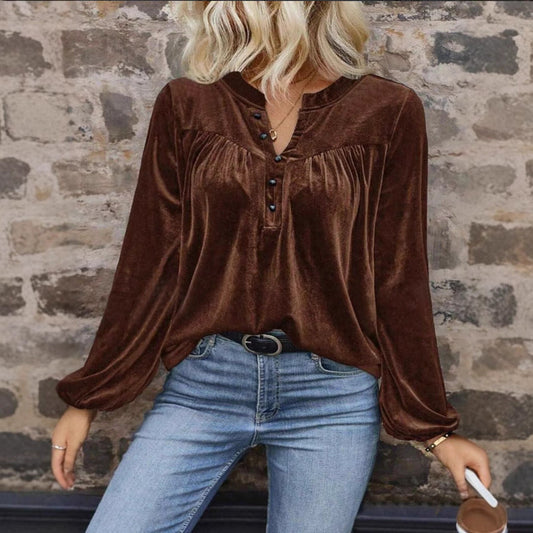 WW | Long Sleeve Top Gentle Velvet Effect V-Neck with Buttons Comfortable Fit