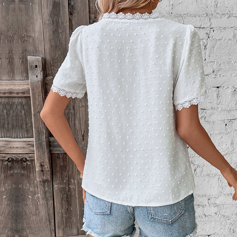 Women's Short-Sleeve Blouse with Lace Trim and Textured Design WW