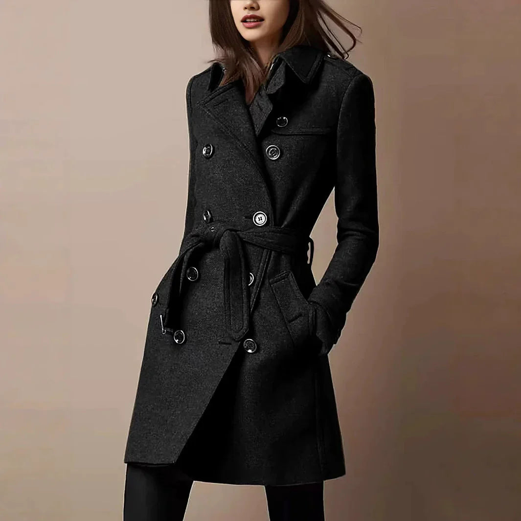 WW | Women's Coat – Slim Fit Wool Blend – Double-breasted – Belted Waist – Mid-thigh Length
