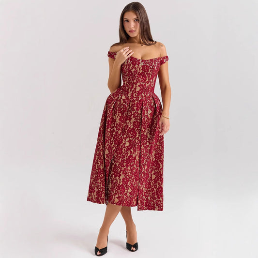 Damen Abendkleid mit schulterfreiem Design und exquisite Spitze WW