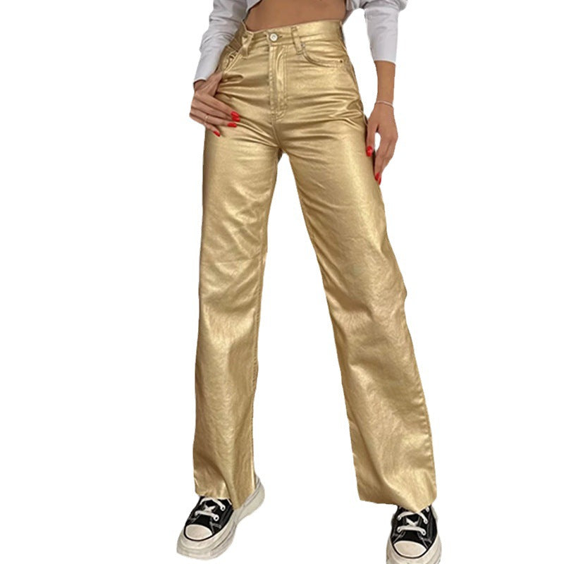 Damen Hose im metallischen Look mit weitem Bein WW