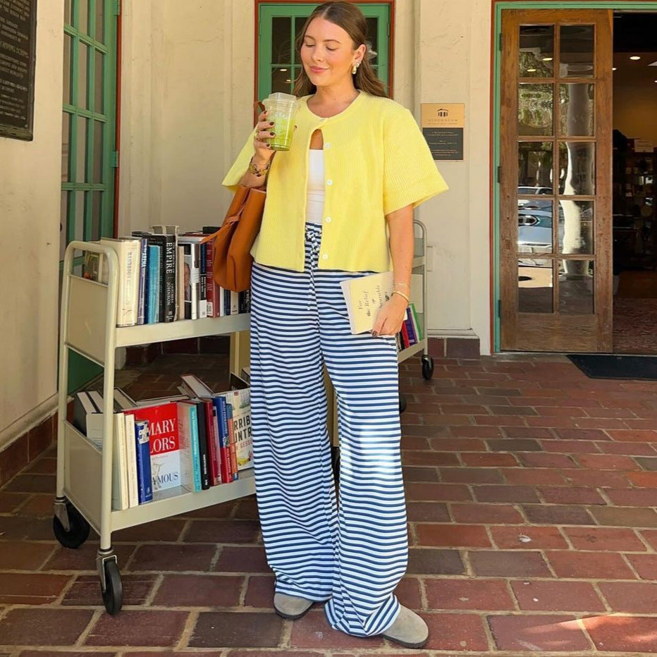 Damen weite Streifenhose mit elastischem Bund und Kordelzug WW