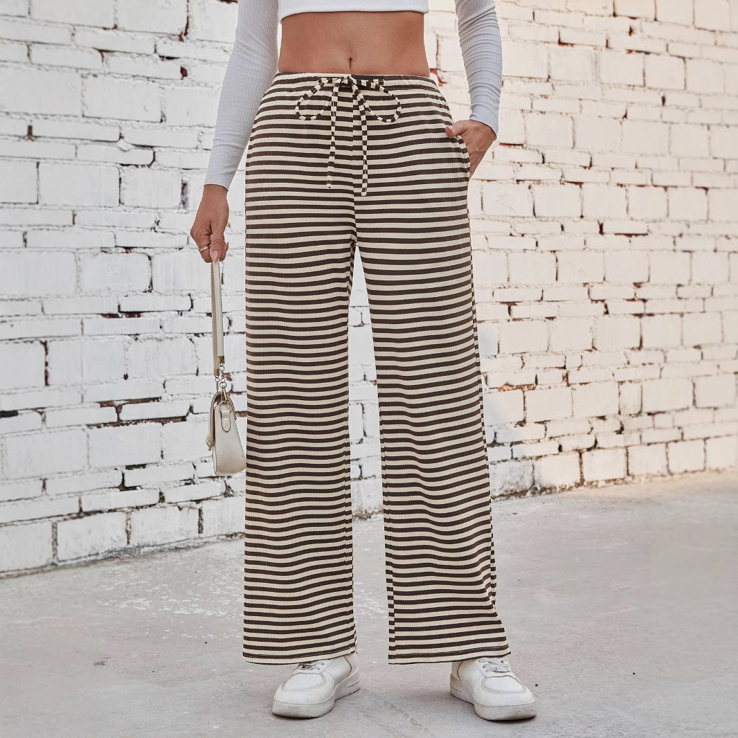 Damen weite Streifenhose mit elastischem Bund und Kordelzug WW