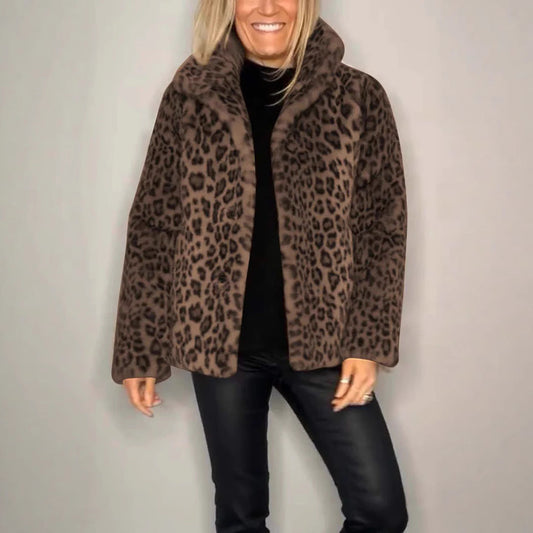WW | Mantel Faux Fur Übergröße Passform Tierdruck Offene Vorderseite Reverskragen