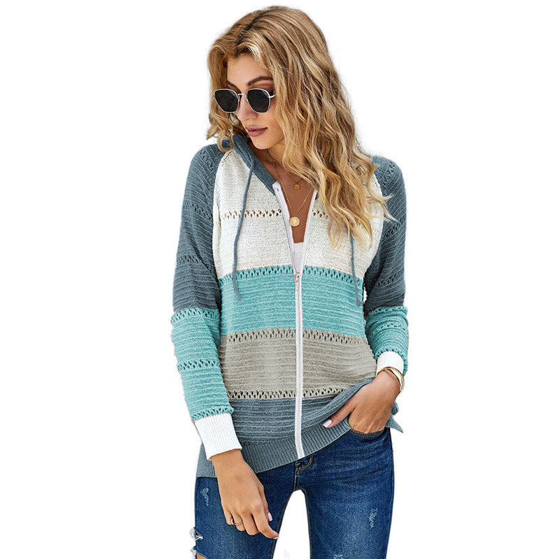 Women's Casual Knitted Cardigan with Hood and Decorative Openwork Pattern WW