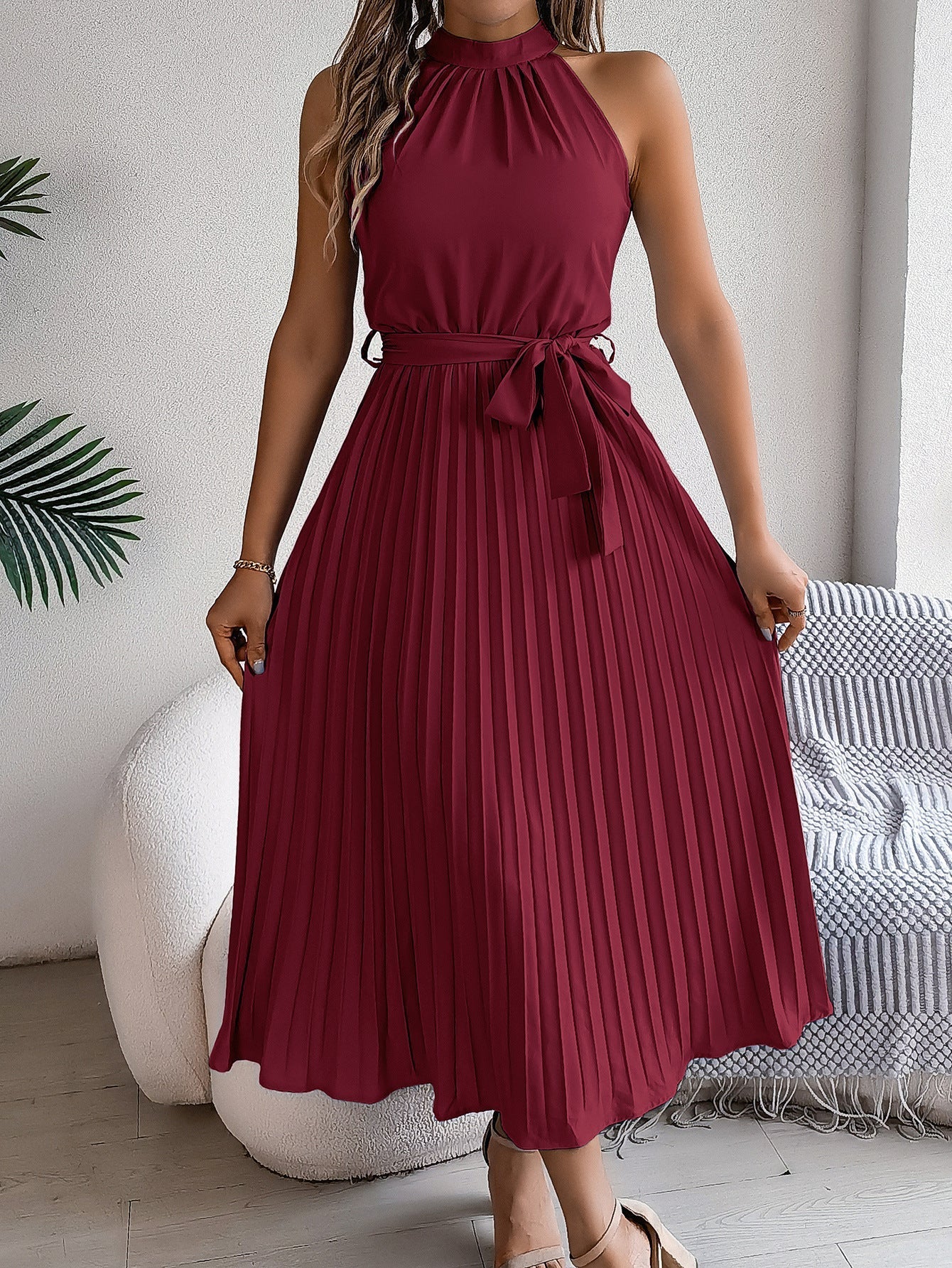 WW | Frühling Elegante Stehkragen Taille-betonte Falten Maxi Kleid