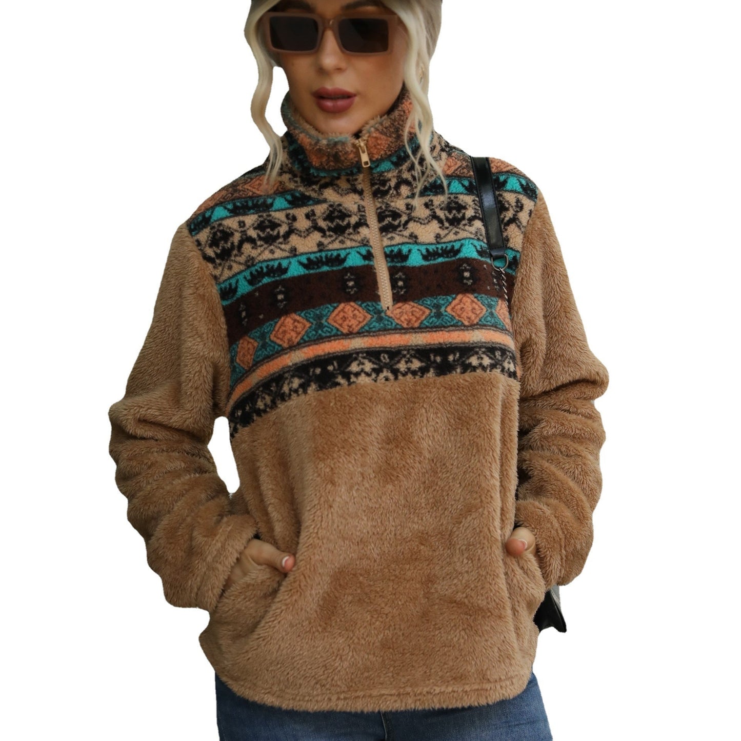 Damen Fleece-Pullover mit dekorativem Reißverschluss und modernem Muster WW