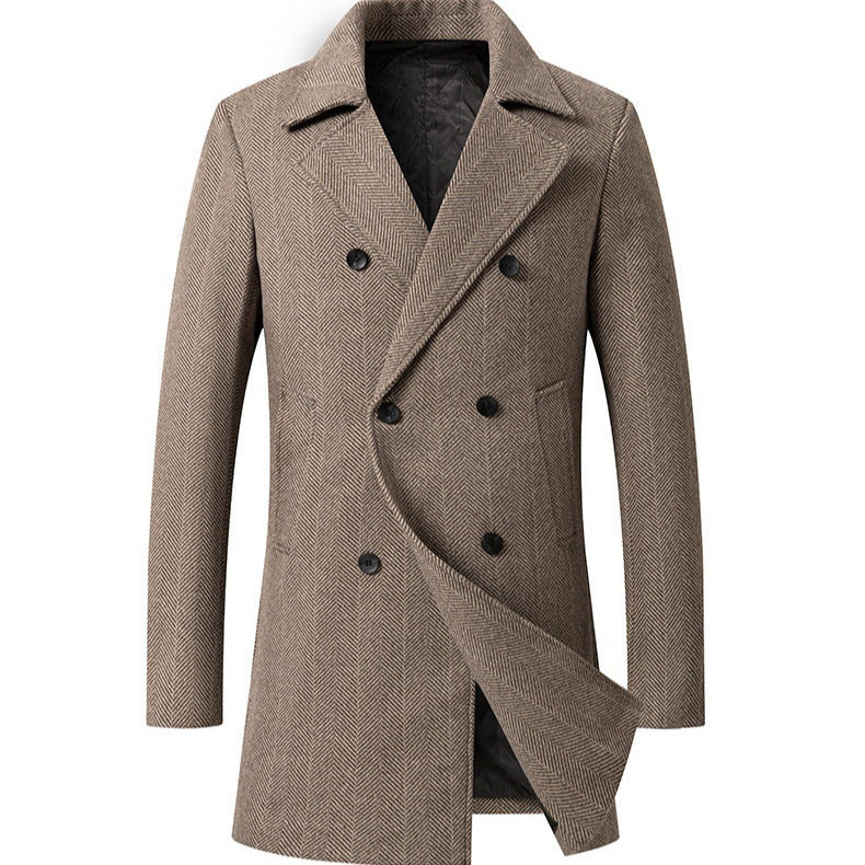 Men's elegant double-breasted coat with textured herringbone pattern WW