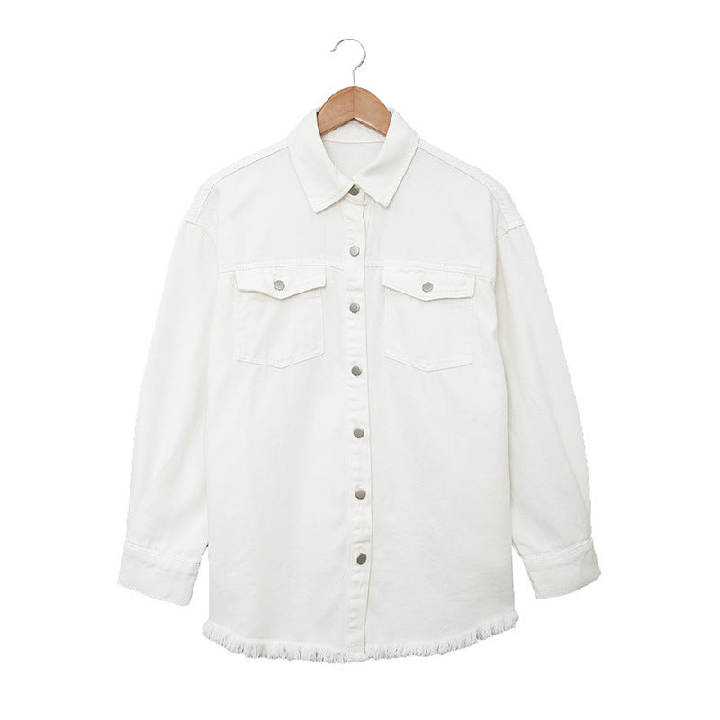 Women's Denim Shirt Jacket with Rounded Hem and Detachable Pockets WW