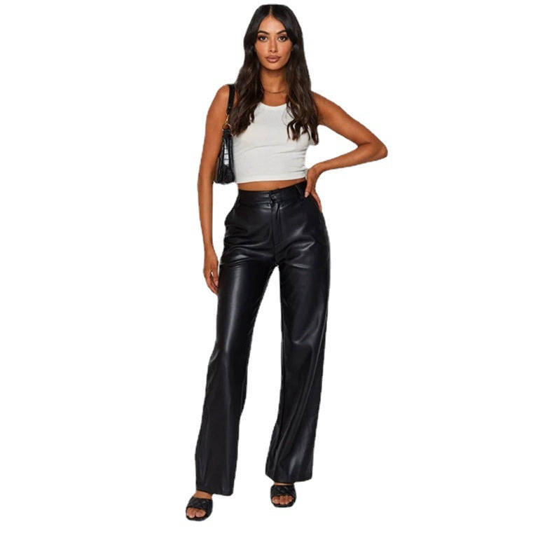 Damen Modische Kunstlederhose mit weitem Bein und eleganter Passform WW
