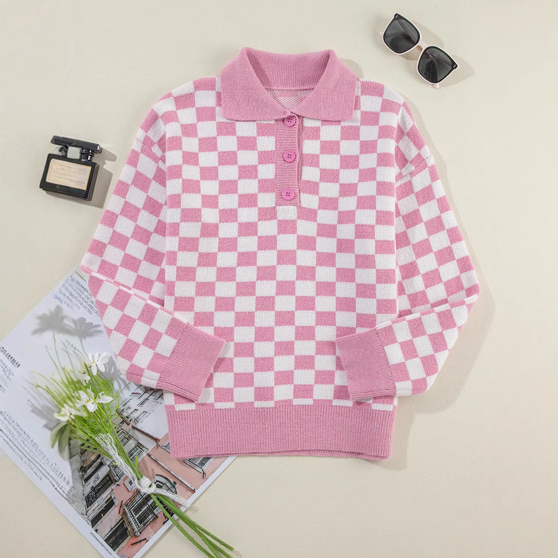 Damen gemütlicher Sweatpullover mit Karomuster und Knopfdetail WW