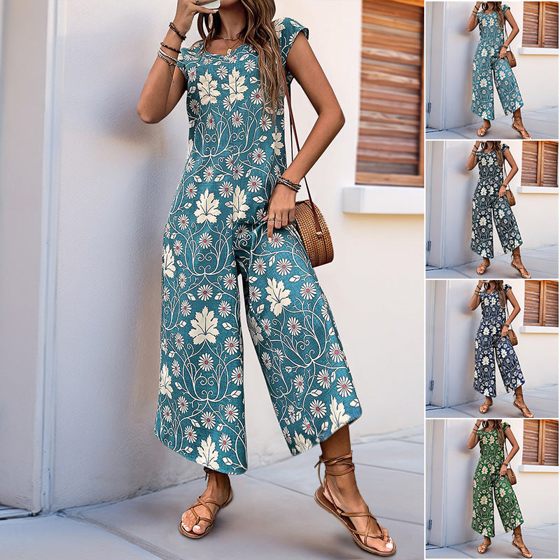 Women's Jumpsuit with Floral Design and Chestnut Tie-Belt WW