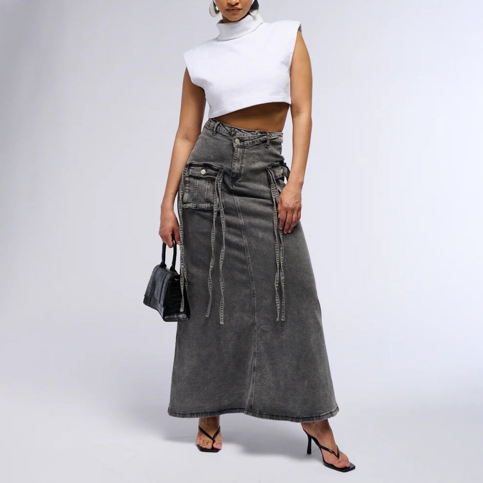 Women's Long Denim Skirt with High Waist and Practical Pockets WW