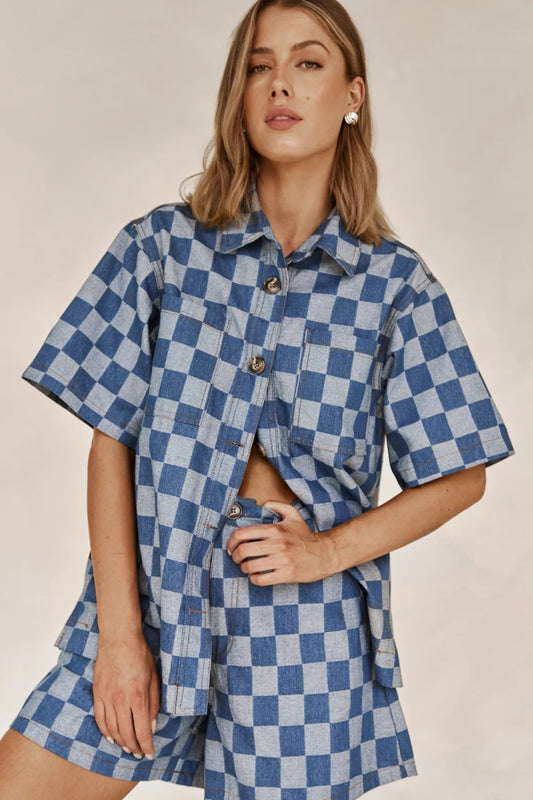 Damen Karierter Hemden-Set aus Denim WW