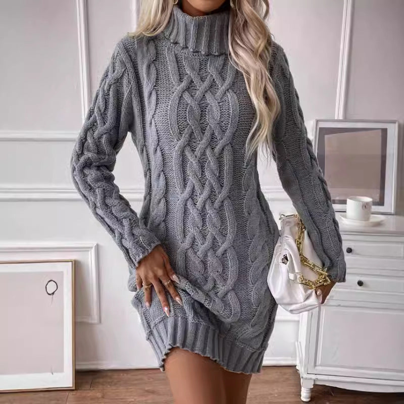 WW | Knitted dress Figure-hugging fit Cable knit High neck Long sleeves