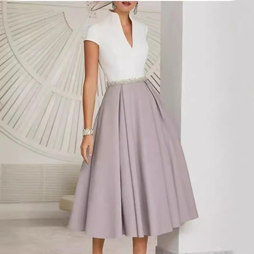 WW | White Color Block V-Neck Flared Summer Dress