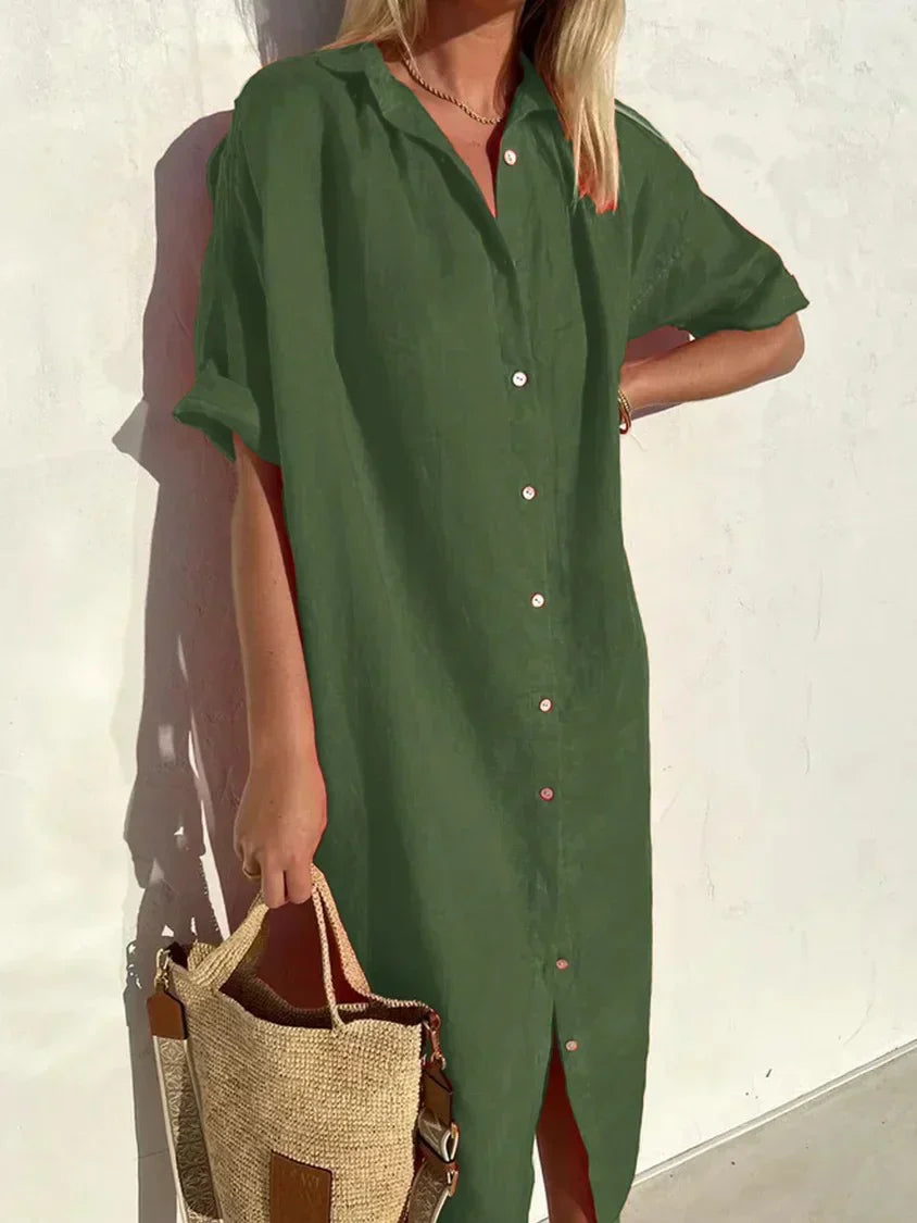 WW | Button-Up Dress with Wide Neckline and Slim Sleeves, Elegant and Loose, for Women Cotton and Linen Dresses