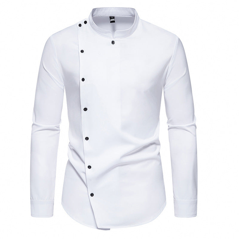 Men's fashionable shirt with asymmetrical button design and elegant stand-up collar WW