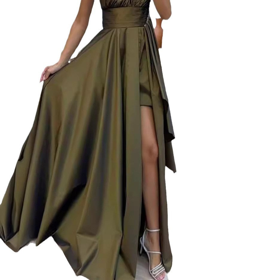 Women's Asymmetrical Maxi Dress with Elegant Cut and High Slit WW