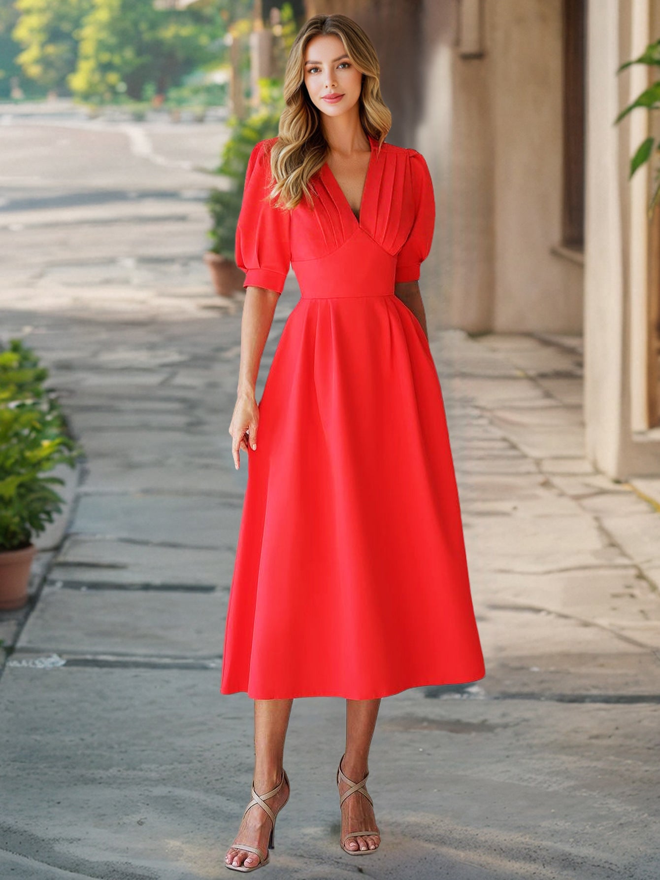 Damen Midi Kleid mit Puffärmeln WW