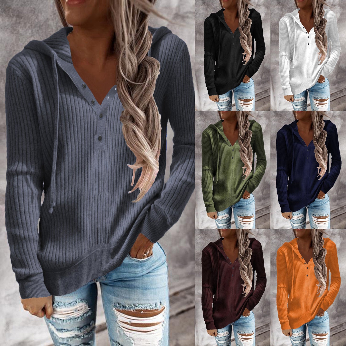 Damen Kapuzenpullover mit strukturiertem Rippdesign und praktischen Knopfdetails WW