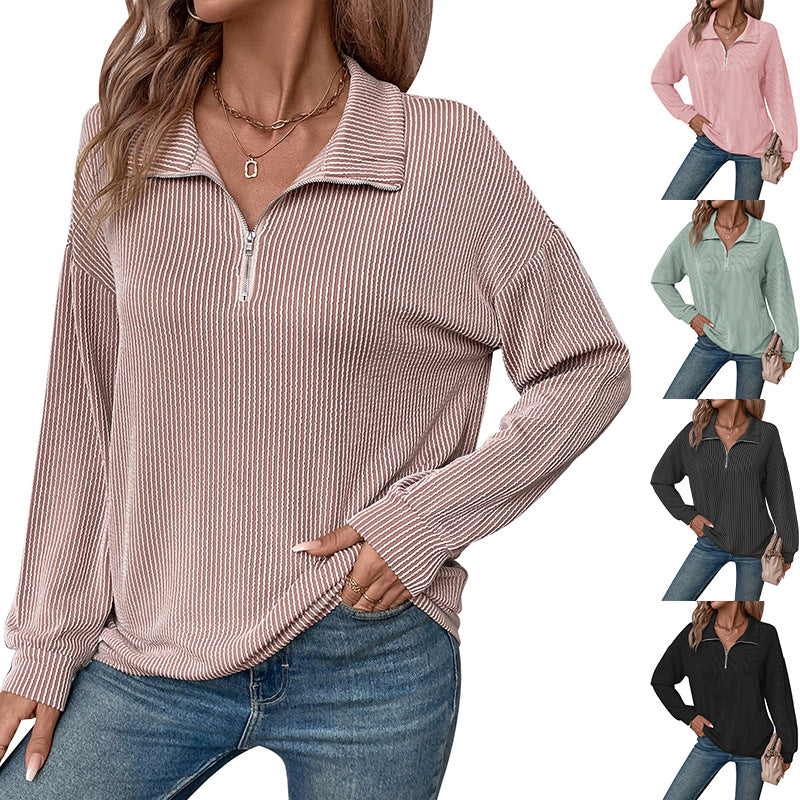 Damen lässiger Pullover mit Reißverschluss und gestreiftem Design WW