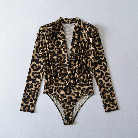 Damen Body mit elegantem Leopardenmuster und tiefem V-Ausschnitt WW