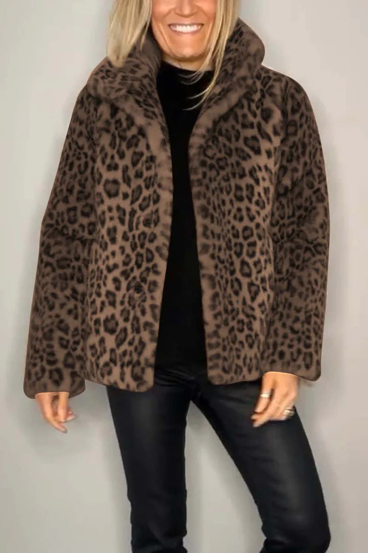 Damen Flauschige Leopardmuster Jacke mit hohem Kragen WW