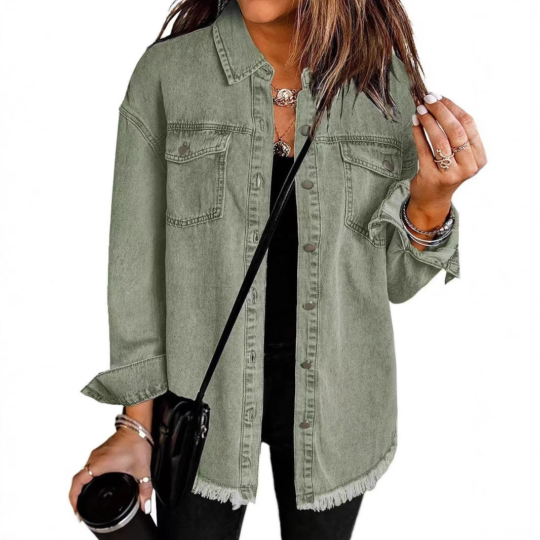 Women's Oversized Denim Shirt with Fringes WW