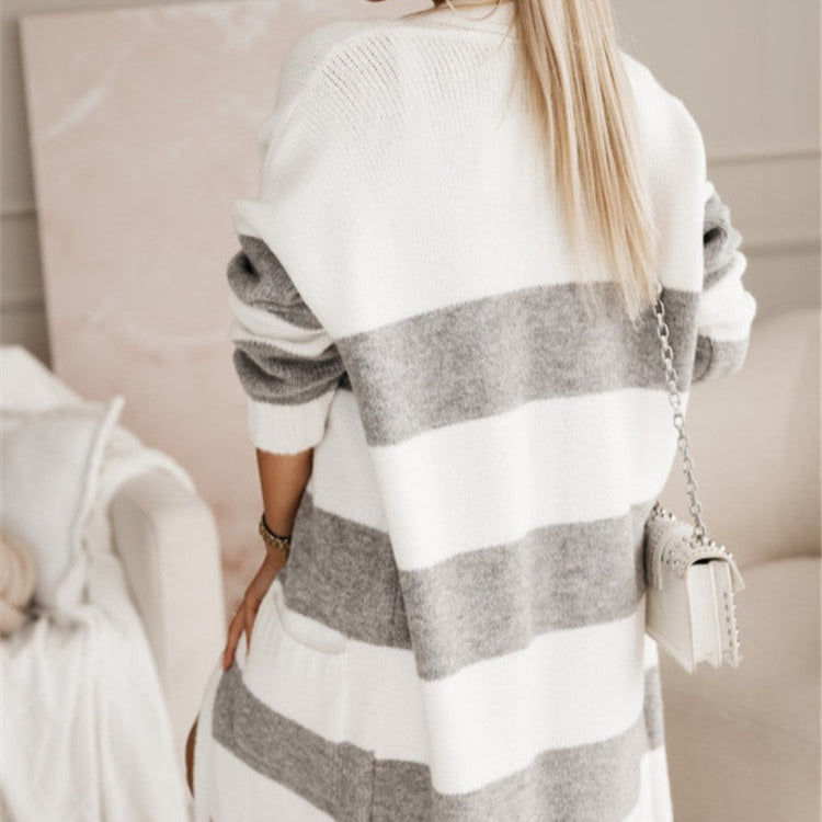 WW | Damen Stilvolle Strickjacke Mit Dicke Streifen