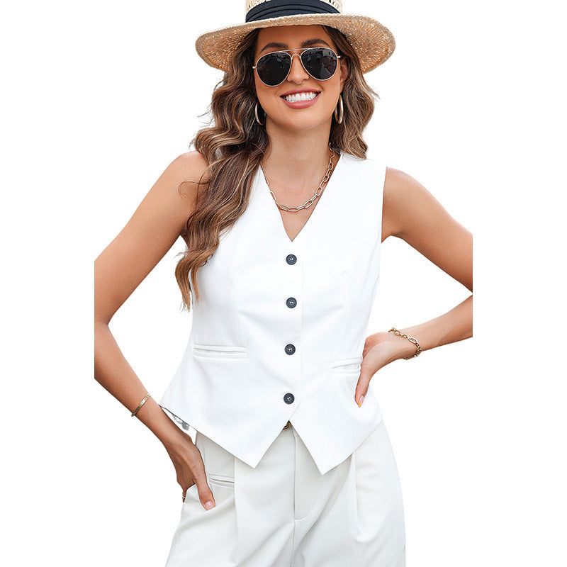 Damen ärmellose Bluse mit elegant schmalem Schnitt und Knopfleiste WW