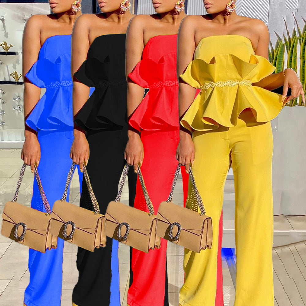 Women's jumpsuit with voluminous ruffle design and off-the-shoulder top WW