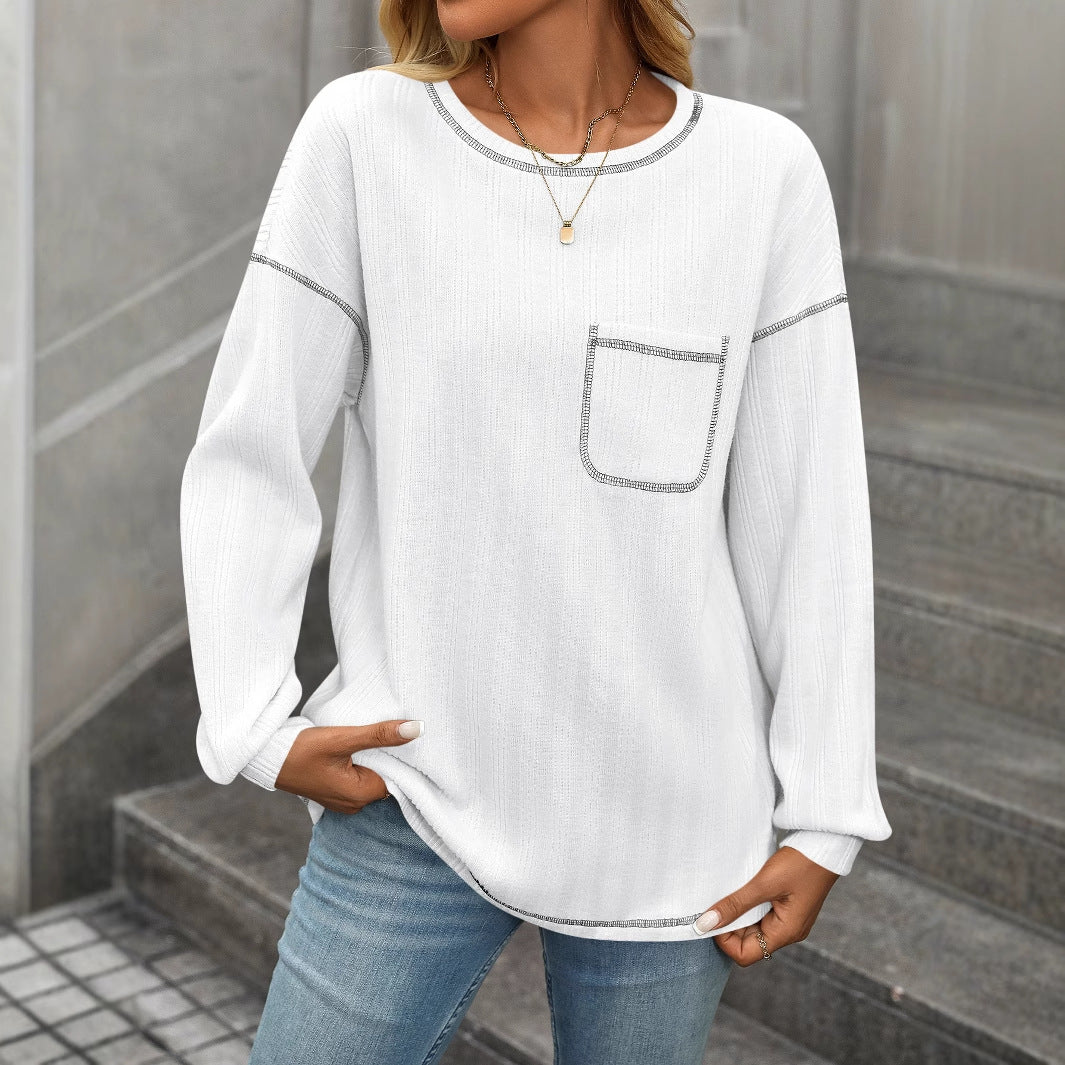 Damen gemütlicher Langarm-Pullover mit Brusttasche WW