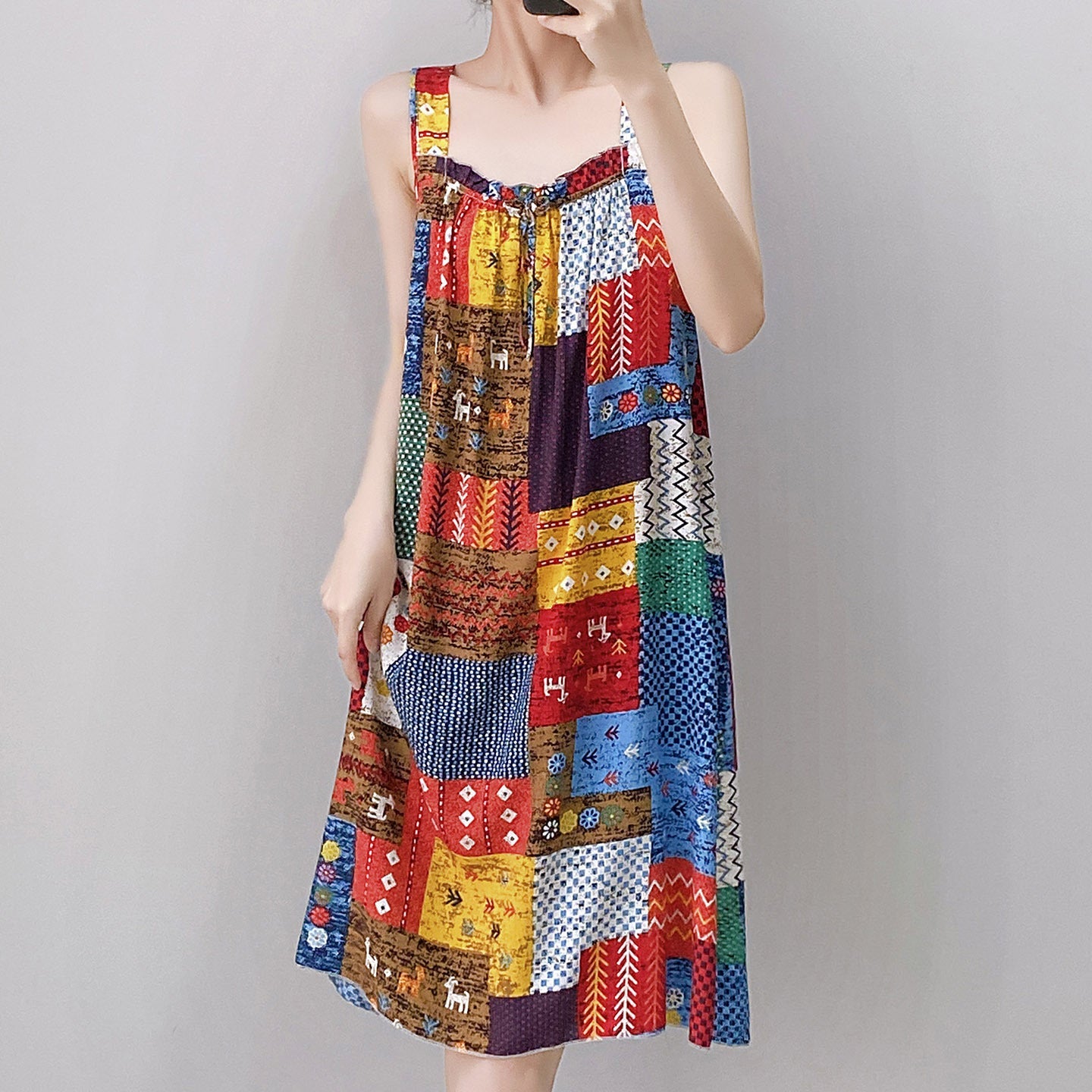 WW | Boho Patchwork-Ärmelloses Swing-Kleid