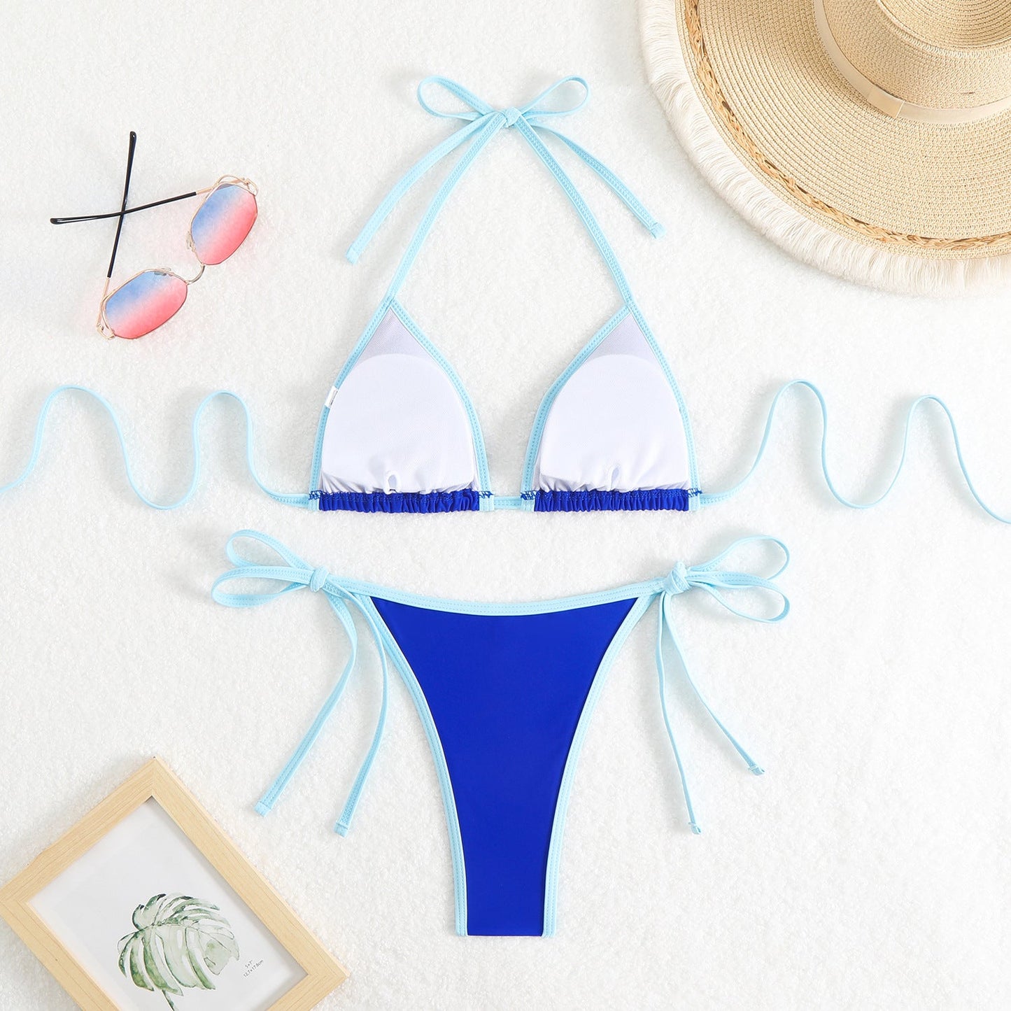 Damen Triangel-Bikini-Set mit verstellbaren Schleifen und kontrastierenden Akzenten WW