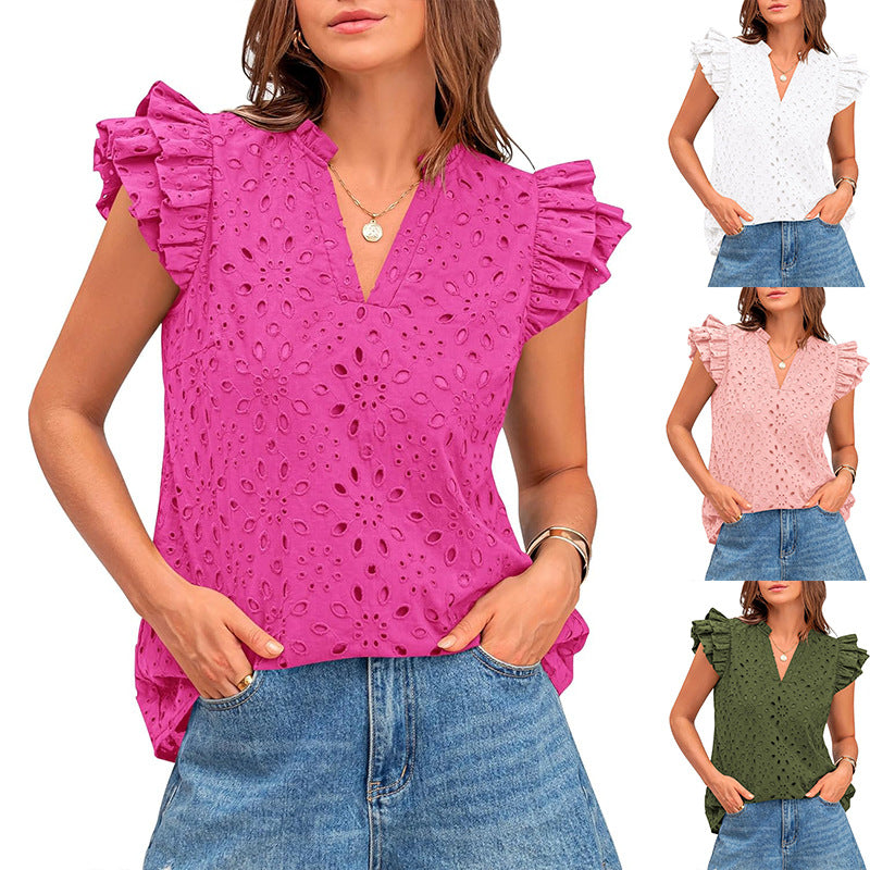 Women's Blouse with Ruffled Sleeves and Floral Eyelet Pattern WW