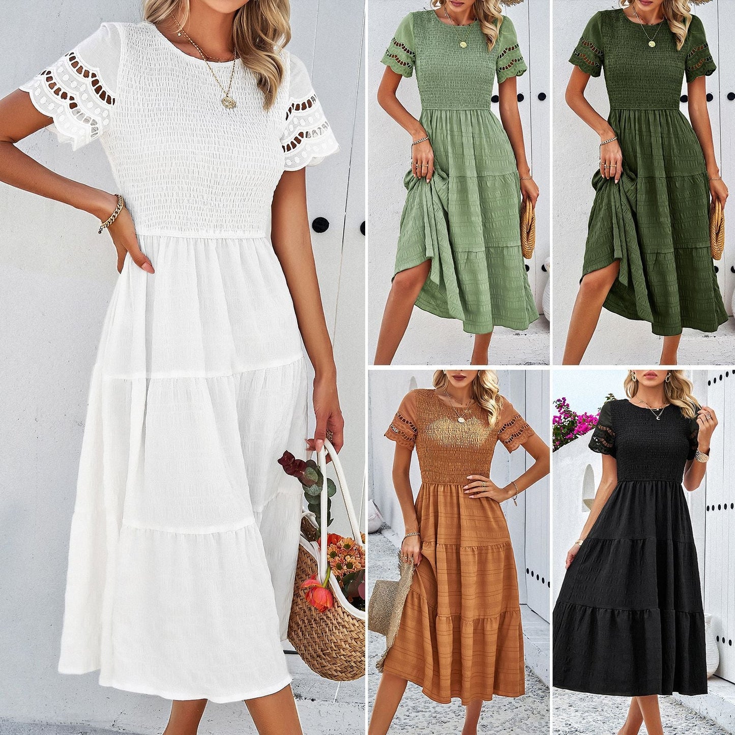 Damen Midikleid mit Puffärmeln und elastischem Oberteil WW