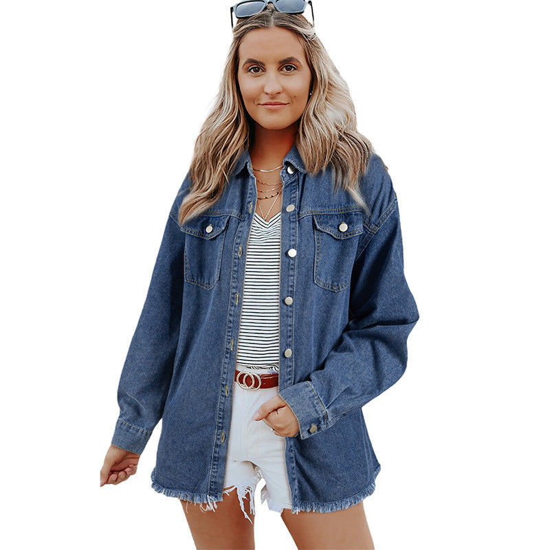 Women's Denim Shirt Jacket with Rounded Hem and Detachable Pockets WW