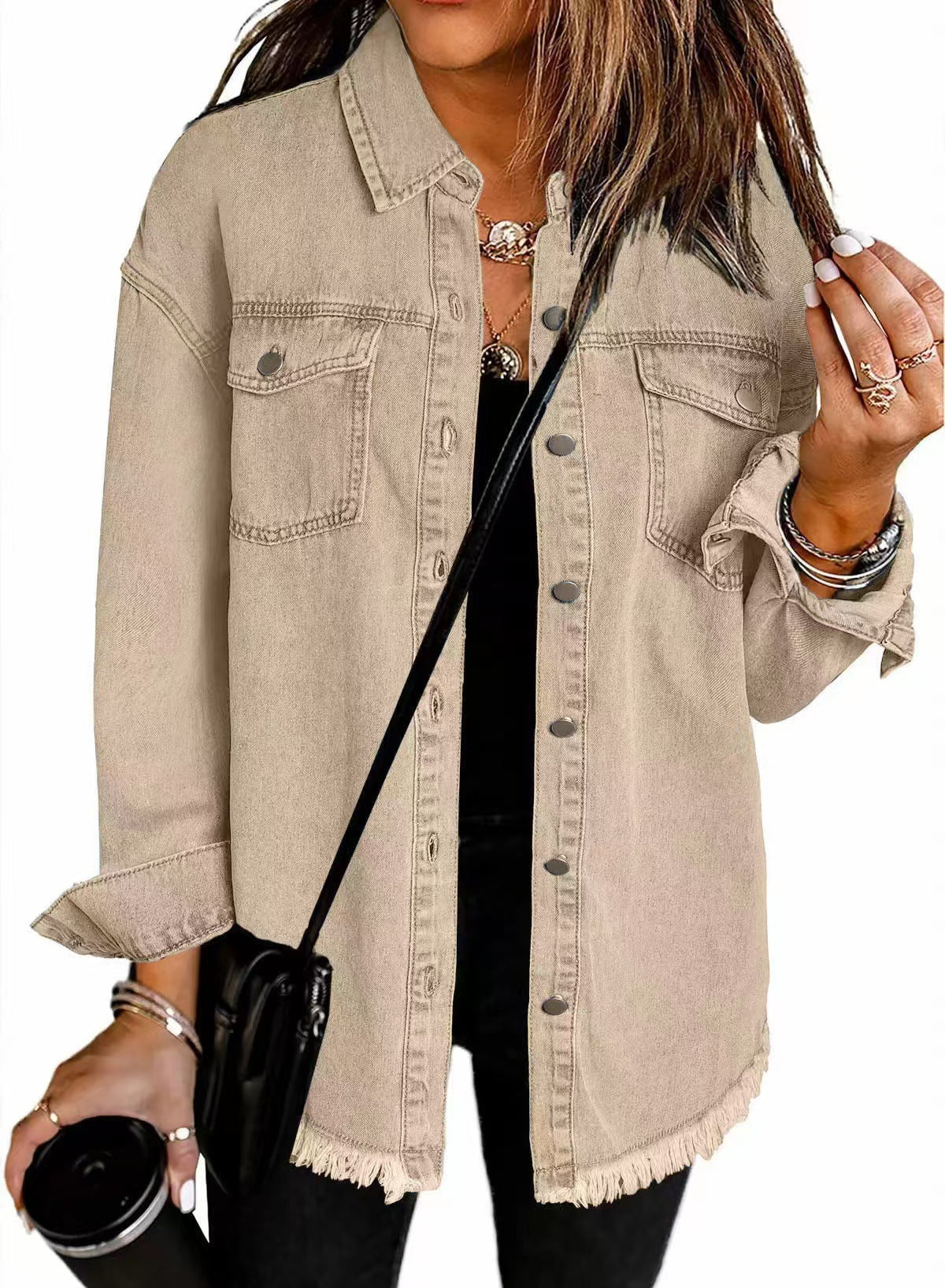 Women's Oversized Denim Shirt with Fringes WW