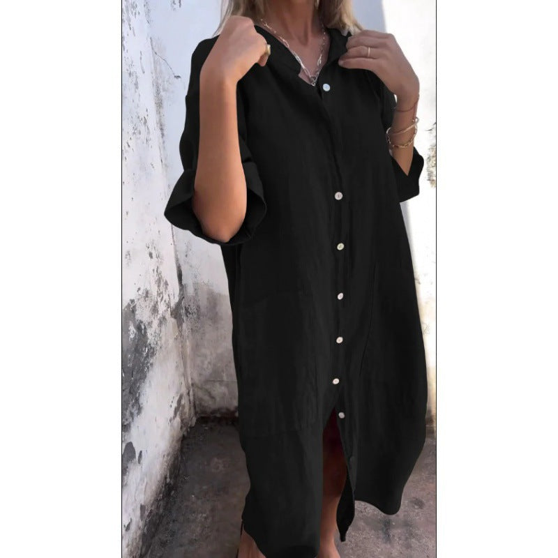 WW | Loose Casual Cotton-Linen Shirt Dress with Half Sleeves