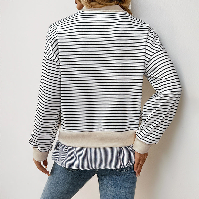 Damen gestreifter Sweatshirt mit Layering-Effekt und Rundhalsausschnitt WW
