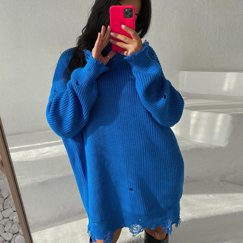 WW Ripped O-Neck Oversized Sweater Dress